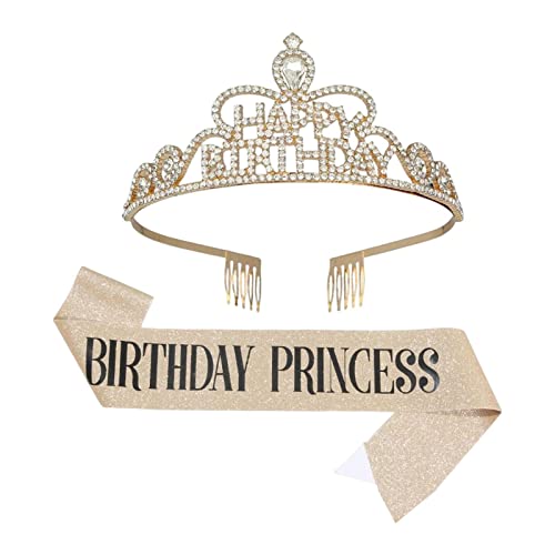 SYNYEY Geburtstag Tiara - Strass Geburtstag Königin Krone Schärpe Set | Charmante und glänzende Geburtstagsfeier Dekorationen für Fotografie Requisiten Kopfbedeckung von SYNYEY
