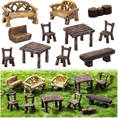11-teiliges Feengartenmöbel-Ornament, Miniatur-Gartentisch und Stühle, Dorf-Microharz-Bank-Stuhl-Set für Puppenhaus-Zubehör, Zuhause, Mikro-Landschaftsdekoration (Vintage-Stil) von SYOZPXY