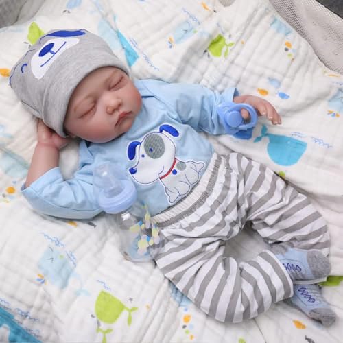 SYP Lebensechte Schlafende Baby-Puppe, 20 Zoll 50 cm Blaues Outfit mit Hund-Design, Gestreifte Hose SYP Lebensechte Schlafende Baby-Puppe, 20 Zoll 50 cm Blaues Outfit mit Hund-Design, Gestreifte Hose von SYP