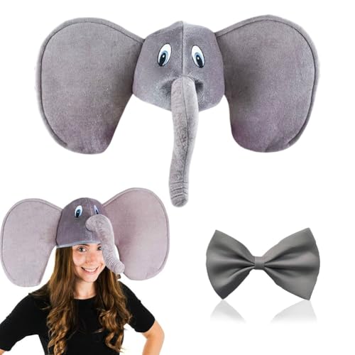 Elefantenkostüm Set,Erwachsenenhut Elefant Mit Grauen Ohren Und Rüssel Graue Fliege,Tierkostüm Zubehör,Tierische Kopfbedeckung Für Erwachsene Für Geburtstagsfeiern Halloween Karneval Themenpartys von SYTTNUM
