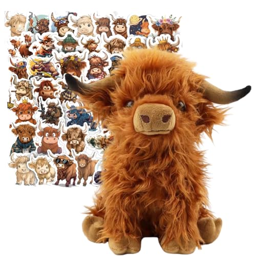 Hochland Kuh Kuscheltier,Hochlandkuh Plüschtier, Highland Kühe Aufkleber Cattle Sticker Set,25cm Kuscheltier Hochlandrind, Hochlandkuh Weichpuppen,Braun Für Erwachsene Kinder von SYTTNUM