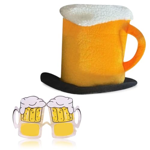 Hut Bierkrug Mit Henkel Plüsch Mütze Und Bier Brille,Karneval Mütze Und Brille Set,Bier Sonnenbrille Für Oktoberfest Karneval Kostüm Partyhut Fasching Verkleidung Junggesellenabschied (Orange) von SYTTNUM