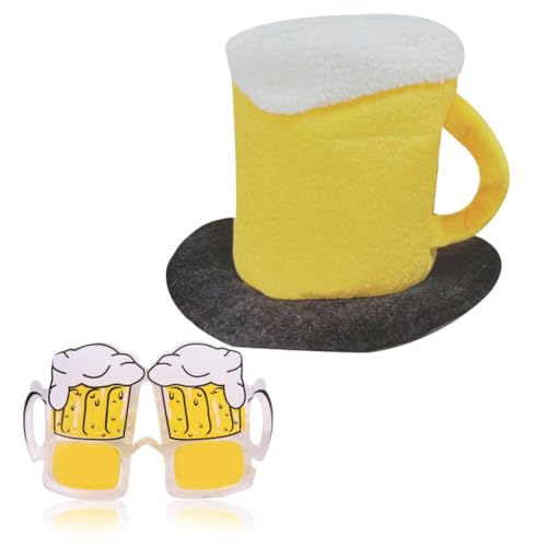 Hut Bierkrug Mit Henkel Plüsch Mütze Und Bier Brille,Karneval Mütze Und Brille Set,Bier Sonnenbrille Für Oktoberfest Karneval Kostüm Partyhut Fasching Verkleidung Junggesellenabschied (Yellow) von SYTTNUM