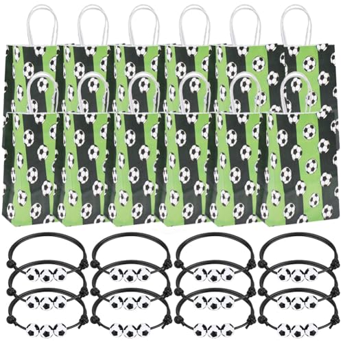 SYTTNUM 12pcs Fußball Partei Geschenk Taschen, 12pcs Einstellbar Fussball Armband, Mitgebsel Tüten Für Süßigkeiten Mit Griffen, Fussball Partytüte,Fussball Armband von SYTTNUM