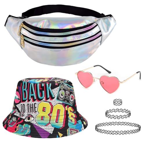 SYTTNUM 80er 90er Jahre Kostüm Kleidung Accessoires,Retro 80er 90er Jahre Stil,Modische Fischerhut,Mit Bauchtasche,Brillen,Alskette,Armbänder,Ohrring,Ring,Neon Party Outfit Damen Fur Karneval (80s) von SYTTNUM
