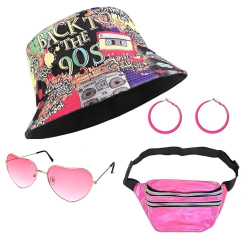 SYTTNUM 80er 90er Jahre Kostüm Kleidung Accessoires,Retro 80er 90er Jahre Stil,Modische Fischerhut,Mit Bauchtasche,Brillen,Alskette,Armbänder,Ohrring,Ring,Neon Party Outfit Damen Fur Karneval (90s) von SYTTNUM