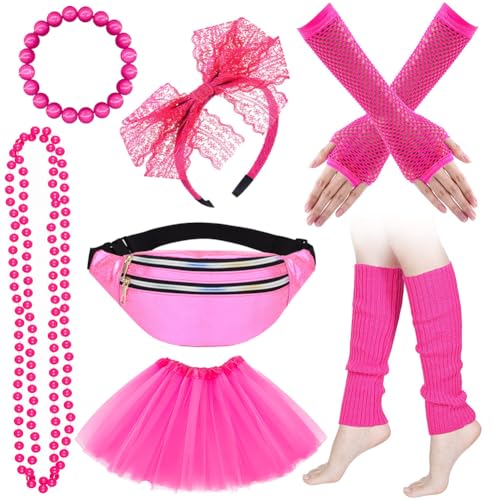 SYTTNUM 90er 80er Rosa Jahre Outfit Damen Set,Rock Neon Halskette Armband Ohrring Fingerlose Handschuhe Stirnband,Lace Headband Neon Earrings Fishnet Gloves,Für Jahre Themenpartys,Neon Partys (7 PCS) von SYTTNUM