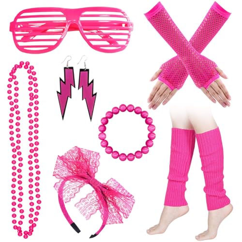 SYTTNUM 90er 80er Rosa Jahre Outfit Damen Set,Rock Neon Halskette Armband Ohrring Fingerlose Handschuhe Stirnband,Lace Headband Neon Earrings Fishnet Gloves,Für Jahre Themenpartys,Neon Partys (8 PCS) von SYTTNUM