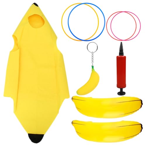 SYTTNUM Bananen Kostüm Für Erwachsene Und Bananenparty Spielzeug Set 11 Stück,Aufblasbare Banane 66cm,Ring Wurf Spiel Set With 6 Toss Ringe,Schlüsselanhänger Banane Karneval Party Zubehör von SYTTNUM
