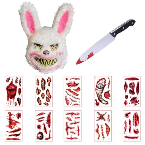 SYTTNUM Blutiger Kaninchen Maske, Halloween Grusel Kaninchen Maske, Halloween Rabbit Maskes, Mit Tattoo Aufklebern und Requisitenmesser - Geeignet für Rollenspiele von Erwachsenen und Kindern von SYTTNUM