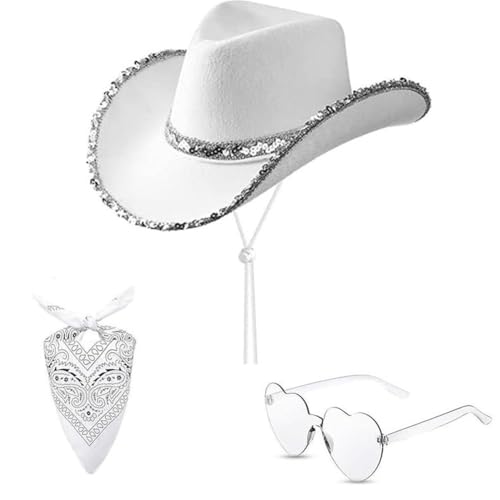 Cowboy Hut 3 Stück, Cowgirl Hut Weiß Damen, Cowboy Hut für Damen, Hijab Party Brillen Zubehör, Für Wild West Dress Up Karneval Thematische Partys Cowboy Hut 3 Stück, Cowgirl Hut Weiß Damen, Cowboy Hut für Damen, Hijab Party Brillen Zubehör, Für Wild West Dress Up Karneval Thematische Partys von SYTTNUM