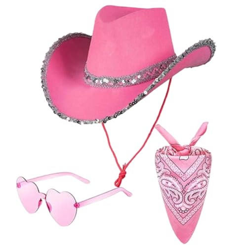 SYTTNUM Cowgirl Hut Pink Damen, Cosplay Rosa Cowboy Kostüm, Pinker Cowboy Damen Verstellbar, mit Herz Brille, Rosa Bandana, Cosplay Party Karneval Kostüm Zubehör, 3 Stück SYTTNUM Cowgirl Hut Pink Damen, Cosplay Rosa Cowboy Kostüm, Pinker Cowboy Damen Verstellbar, mit Herz Brille, Rosa Bandana, Cosplay Party Karneval Kostüm Zubehör, 3 Stück von SYTTNUM