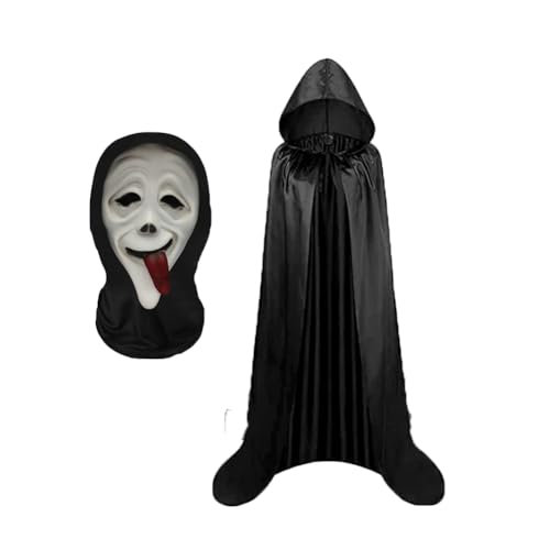 SYTTNUM Ghostface Maske Halloween Schwarzer Mantel Cape Halloween Horror Masken Tuch Umhang mit Kapuze Schwarz Halloweens Kostüm Set Cosplay Dekorationen Erwachsene Jugendliche von SYTTNUM