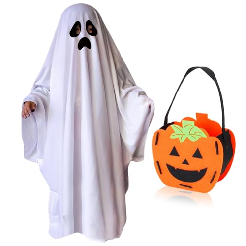 SYTTNUM Halloween Kostüm Kinder, Geister Weiß Umhang,Kürbisbeutel mitnehmen,Weißes Geister Poncho Kostüm Halloween Geist Robe Kostüm für Karneval Fasching, Rollenspiel Zubehör von SYTTNUM