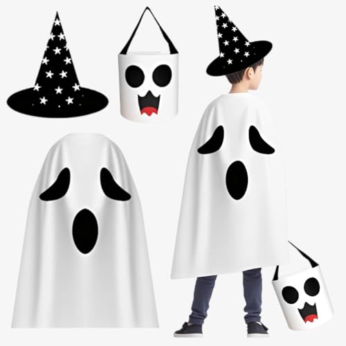 SYTTNUM Halloween Kostüm Kinder, Geister Weiß Umhang,Mit Geistertasche und Zauberhüte, Weißes Geister Poncho Kostüm Halloween Geist Robe Kostüm für Karneval Fasching, Rollenspiel Zubehör-3pcs von SYTTNUM
