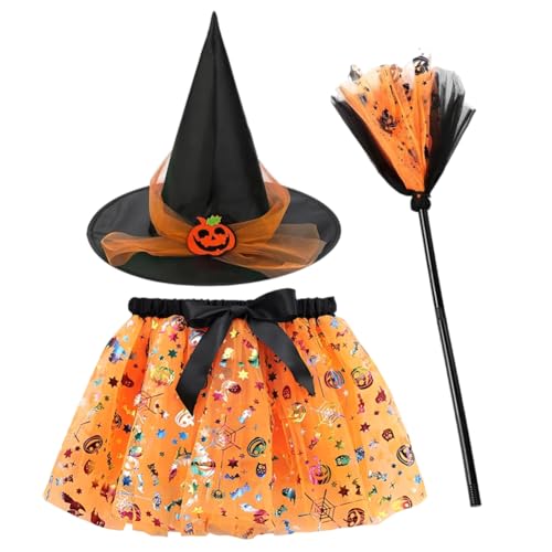 SYTTNUM Mädchen Hexenkostüm, 3pcs Hexenkostüm Kürbis für Mädchen, Leuchtende Hexenkostüm Mit Hexenhut, Für Halloween Kinder Cosplay Karneval Fasching Party Outfits von SYTTNUM