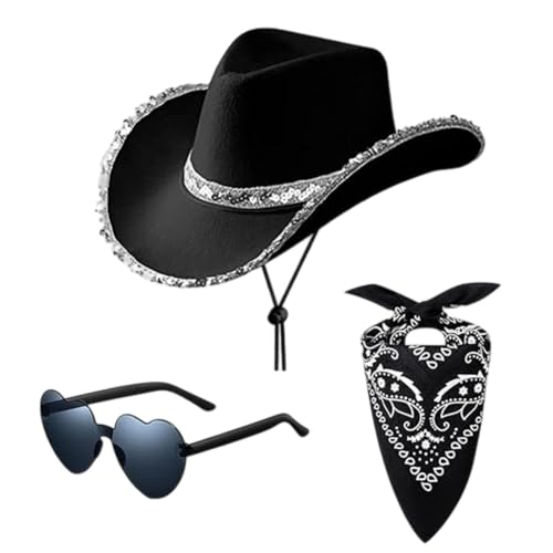 SYTTNUM Schwarzes Cowboyhut Set, 3 PCS Cowboy Hut Kostüm, Männer und Frauen Western Cowboyhut Set, Cowboyhut, Schal, Sonnenbrille für eine ausgelassene Kostümparty SYTTNUM Schwarzes Cowboyhut Set, 3 PCS Cowboy Hut Kostüm, Männer und Frauen Western Cowboyhut Set, Cowboyhut, Schal, Sonnenbrille für eine ausgelassene Kostümparty von SYTTNUM