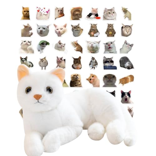 SYTTNUM Weiß Katze Plüschtier, Katze Plüschtier Spielzeug Für Heimdekoration, Lustiges Katze Aufkleber Set, Simuliertes Tier Katze Plüschtier, Geschenk für Freunde und Kinder, 30cm von SYTTNUM
