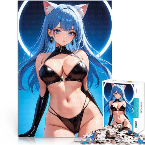 Anime-Katzenmädchen in schwarzer Latexunterwäsche Puzzle für Erwachsene mit 1000 Teilen Stressabbau-Spielzeug Für Paare geeignet 38x26cm von SYUNFEI