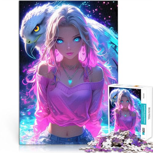 Anime-Mädchen mit Adler 1000-teilige Puzzles für Teenager Pädagogisches Spielzeug zum Stressabbau mit passendem Poster und Quizblatt 38x26cm von SYUNFEI