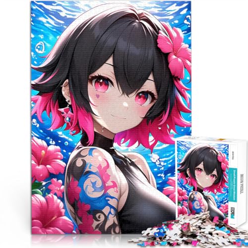 Anime-Mädchen mit rosa Haaren und Tattoo Teenager 1000 Teile Puzzle Lernspiele Lustige Aktivitäten für zu Hause, Geburtstagsgeschenk, Reisegeschenk, 38x26cm von SYUNFEI