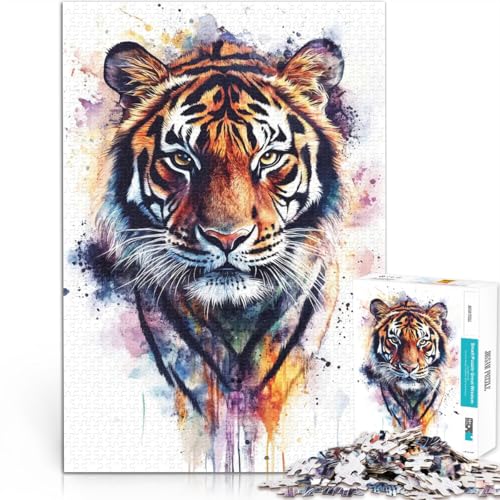 Aquarell Tiger Portrait 1000-teilige Puzzles für Teenager Schwierig und herausfordernd mit vollständig ineinander greifenden, zufällig geformten Teilen 38x26cm von SYUNFEI