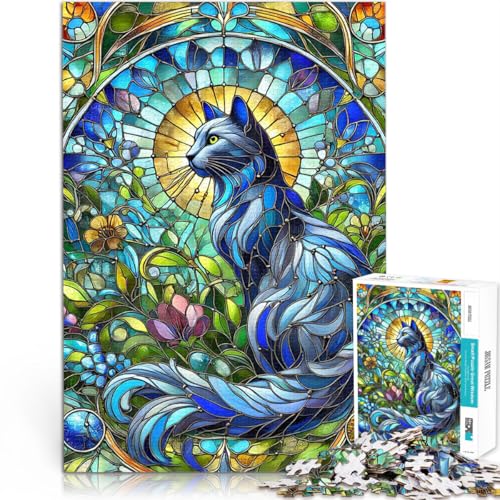 Blaue Katze aus Buntglas 1000-teilige Puzzles für Teenager Anspruchsvolles Spiel und Familienspaß Lustiges Geschenk 38x26cm von SYUNFEI