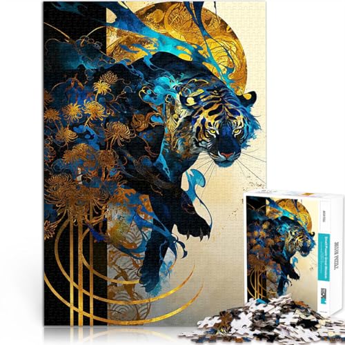 Blauer Tiger mit goldenen Blumen Puzzle für Erwachsene mit 1000 Teilen Denkspiel Jedes Stück ist einzigartig – Anspruchsvolles Familienspiel 38x26cm von SYUNFEI