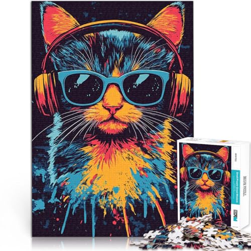 Coole Katze mit Kopfhörern 1000-teiliges Puzzle für Erwachsene Herausforderndes Spiel Wanddekoration Einzigartige Geburtstags 38x26cm von SYUNFEI