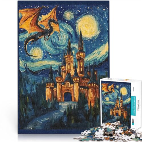 Drache und Schloss am Nachthimmel Teenager 1000 Teile Puzzle Denkspiel mit vollständig ineinander greifenden, zufällig geformten Teilen 38x26cm von SYUNFEI