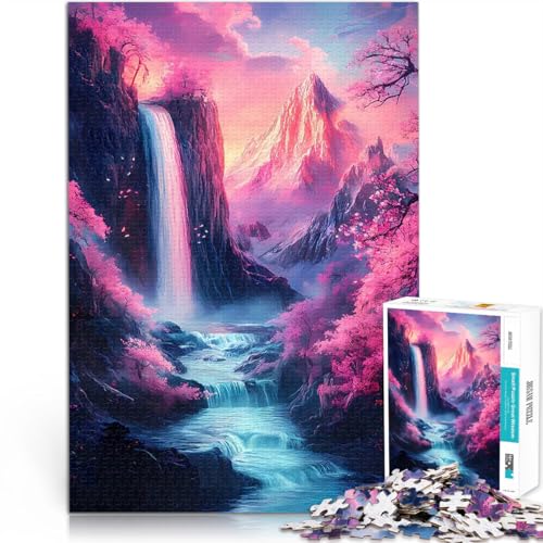 Fantasy Wasserfall Landschaft Kirschblüte 1000-Teile-Puzzle für Teenager Quizspiel Jedes Stück ist einzigartig – Anspruchsvolles Familienspiel 38x26cm von SYUNFEI