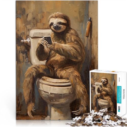 Faultier Badezimmer Telefon Text 1000-teilige Puzzles für Erwachsene Lernspiele mit vollständig ineinander greifenden, zufällig geformten Teilen 38x26cm von SYUNFEI