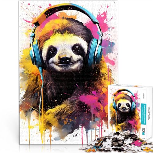 Faultier mit Kopfhörern 1000-teiliges Puzzle für Teenager Pädagogisches Spielzeug zum Stressabbau mit passendem Poster und Quizblatt 38x26cm von SYUNFEI