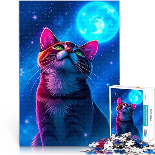 Katze blickt auf den Mond Puzzle für Erwachsene mit 1000 Teilen Herausforderndes Spiel Angebot als Geschenk für die ganze Familie 38x26cm von SYUNFEI