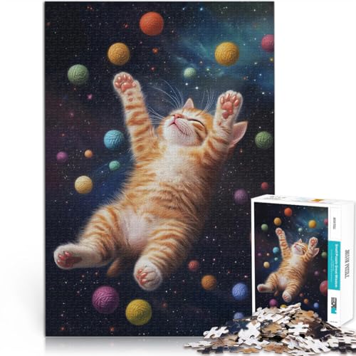 Katze im Weltraum mit Wollknäueln 1000-teiliges Puzzle für Erwachsene Denkspiel Lustige Aktivitäten für zu Hause, Geburtstagsgeschenk, Reisegeschenk, 38x26cm von SYUNFEI