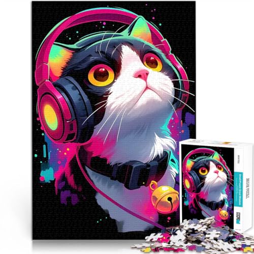 Katze mit Kopfhörern 1000-Teile-Puzzle für Erwachsene Interessante Stressreduzierung Wanddekoration Einzigartige Geburtstags 38x26cm von SYUNFEI