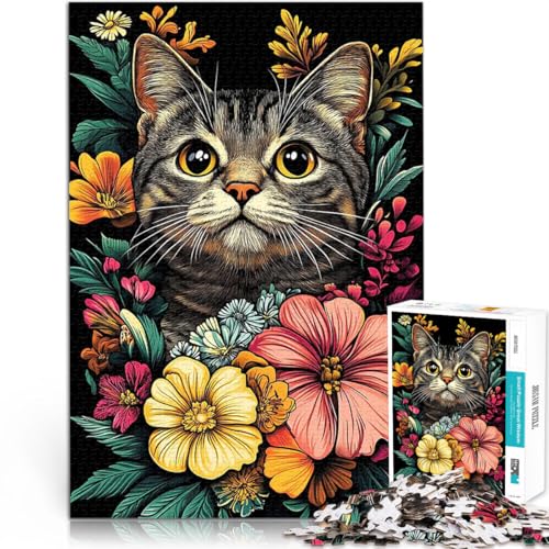Katzen-Blumenporträt-Design 1000-teilige Puzzles für Teenager Denkspiel mit vollständig ineinander greifenden, zufällig geformten Teilen 38x26cm von SYUNFEI