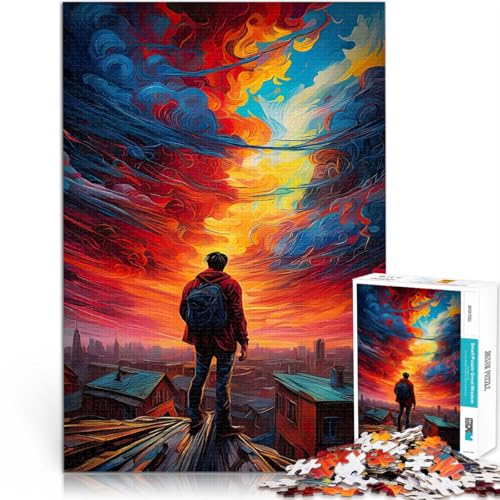 Mann auf dem Dach mit abstraktem Himmel 1000-teilige Puzzles für Erwachsene Intellektuelles Spiel Lustiges Geschenk 38x26cm von SYUNFEI