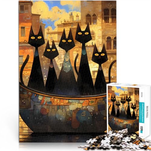 Mittelalterliche Schwarze Katzen in Gondel Venedig Teenager 1000-teiliges Puzzle Intellektuelles Spiel für Heimdekoration 38x26cm von SYUNFEI