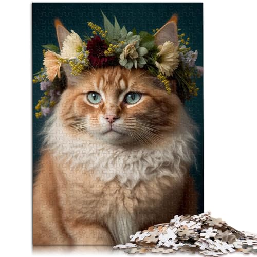 Puzzle Katze mit Blumenkrone, 1000 Teile, 50 x 75 cm, Holzbrettpuzzle für Erwachsene und Familien, Lernpuzzle von SYUNFEI