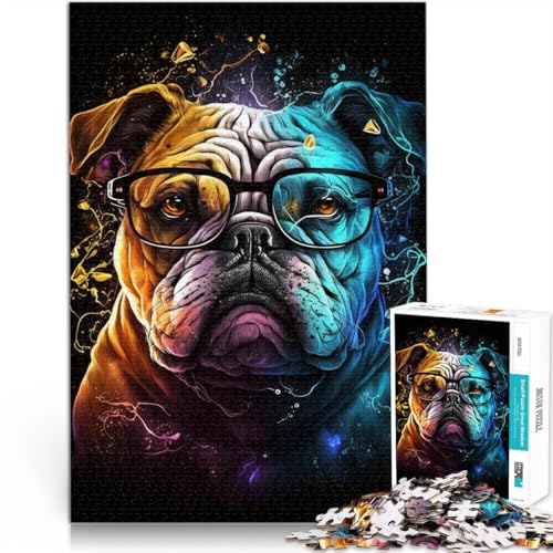 Puzzle für Erwachsene, 1000 Teile, Bulldogge mit Brille, schwierig und herausfordernd, ganze Familie, 50 x 75 cm von SYUNFEI