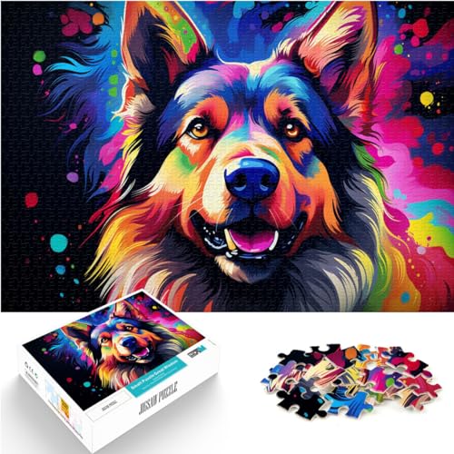 Puzzle für farbenfrohe, psychedelische Kunst Deutscher Schäferhunde. Lustiges Puzzle für Erwachsene, 500-teiliges Holzpuzzle, pädagogisches Stressabbau-Spielzeugpuzzle (38 x 52 cm) von SYUNFEI