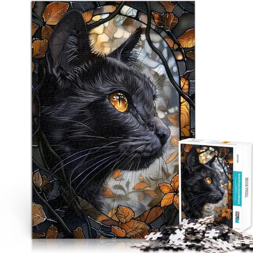 Schwarze Katze Buntglas Puzzle 1000 Teile für Erwachsene für Lernspiel-Herausforderungsspielzeug Tolles Geschenk für Spiele 38x26cm von SYUNFEI