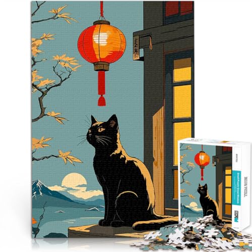 Schwarze Katze Japanische Laterne Puzzle 2000 Teile für Teenager Intellektuelles Spiel einzigartiges Herausforderungsspiel 70x100cm von SYUNFEI