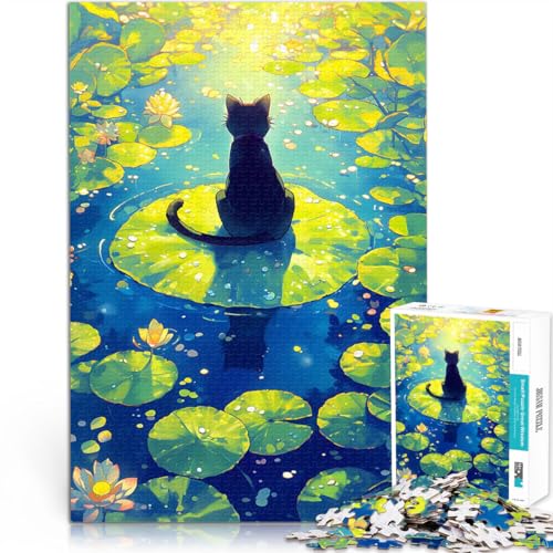 Schwarze Katze auf Seerosenblatt - Pound Lake Puzzle für Erwachsene mit 1000 Teilen Intellektuelles Spiel tolles Geschenk 38x26cm von SYUNFEI