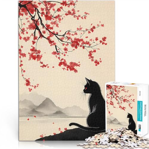 Schwarze Katze und der Kirschblütenbaum 2000-teiliges Teenager-Puzzle Lernspielzeug Lustige Aktivitäten für zu Hause, Geburtstagsgeschenk, Reisegeschenk, 70x100cm von SYUNFEI