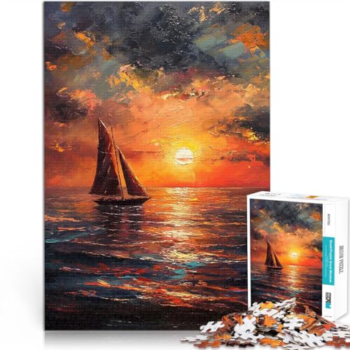 Sonnenaufgang Boot Ölgemälde Puzzle 1000 Teile für Teenager Herausforderndes Spiel mit vollständig ineinander greifenden, zufällig geformten Teilen 38x26cm von SYUNFEI