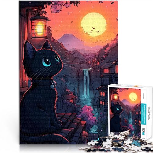 Sonnenuntergang mit schwarzer Katze in Japan Puzzle 1000 Teile für Jugendliche Quizspiel denn eignet ganze Familie 38x26cm von SYUNFEI