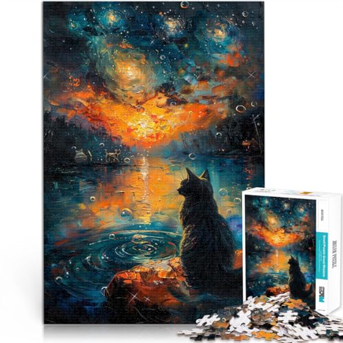Sternennacht Sonnenuntergang Katze 1000-teiliges Puzzle für Erwachsene Intellektuelles Spiel Geburtstagsgeschenke 38x26cm von SYUNFEI