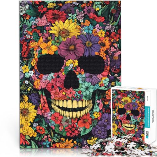 Totenkopf in Blumen 1000-teiliges Teenager-Puzzle Stressabbau – Staycation – Zeit totschlagen Geschenk zum Geburtstag 38x26cm von SYUNFEI